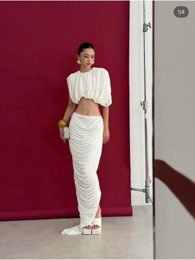 White Draped Maxi Dress with Ruched Skirt